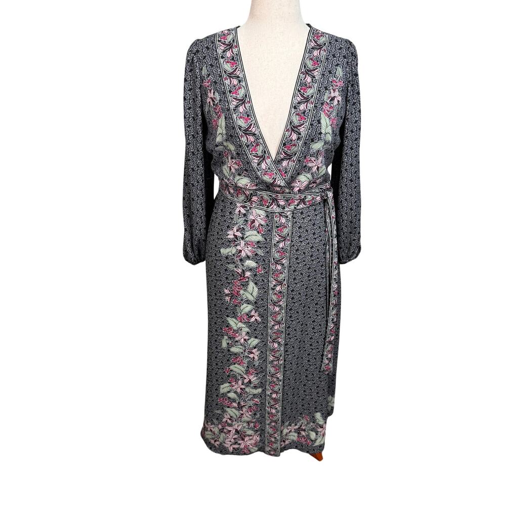 Max Studio gray wrap maxi dress long loose sleeves tie waist pink accents Sz S
